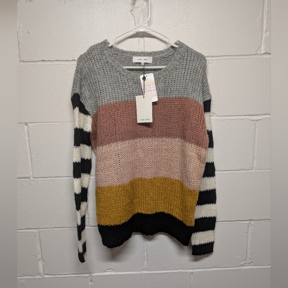 JOHN + JENN (XS) Keeley Colorful Multi Stripe Crew Oversize Sweater Evereve NWT - Picture 2 of 8